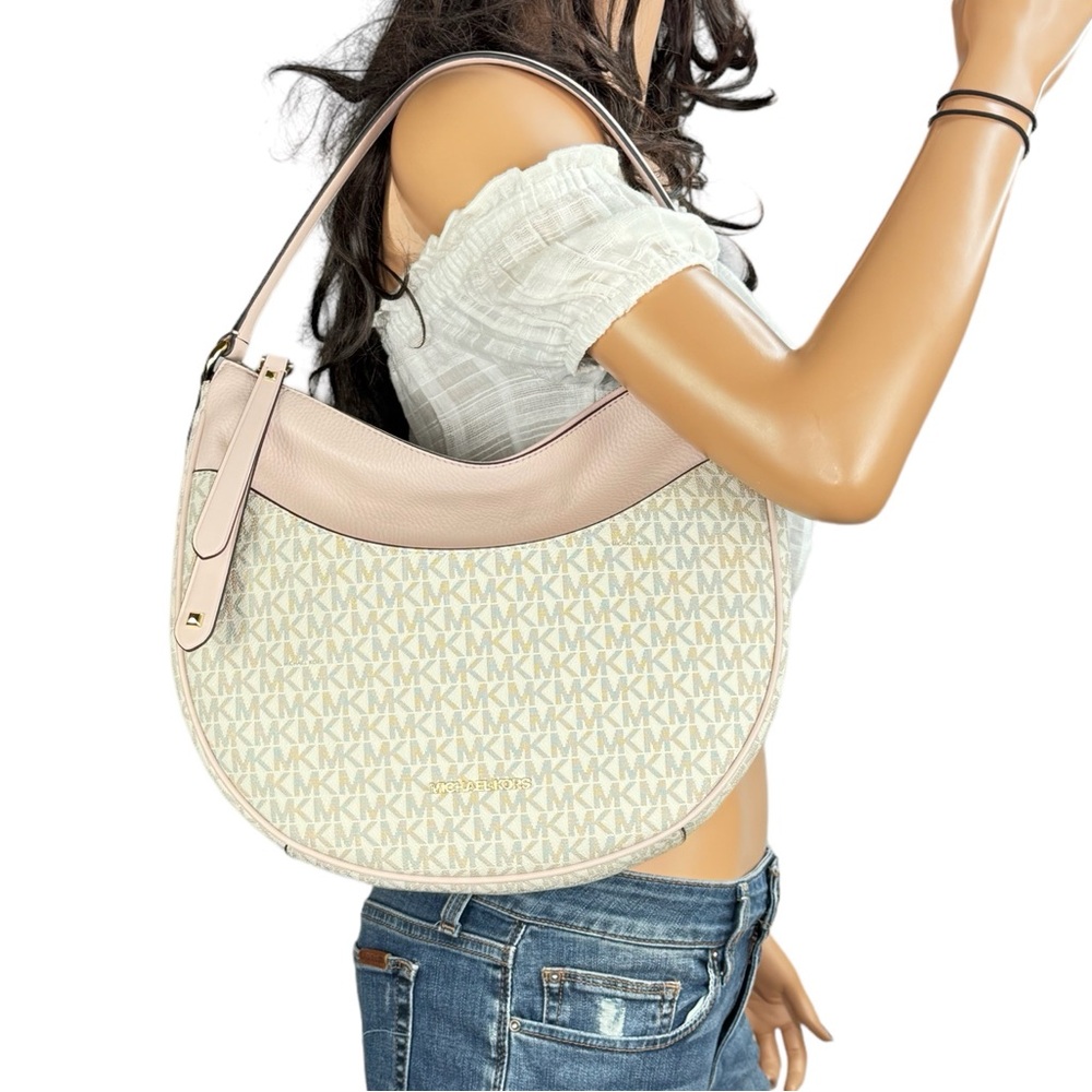 Michael Kors Dover Large Half Moon Shoulder Hobo Bag MK Vanilla/Pink